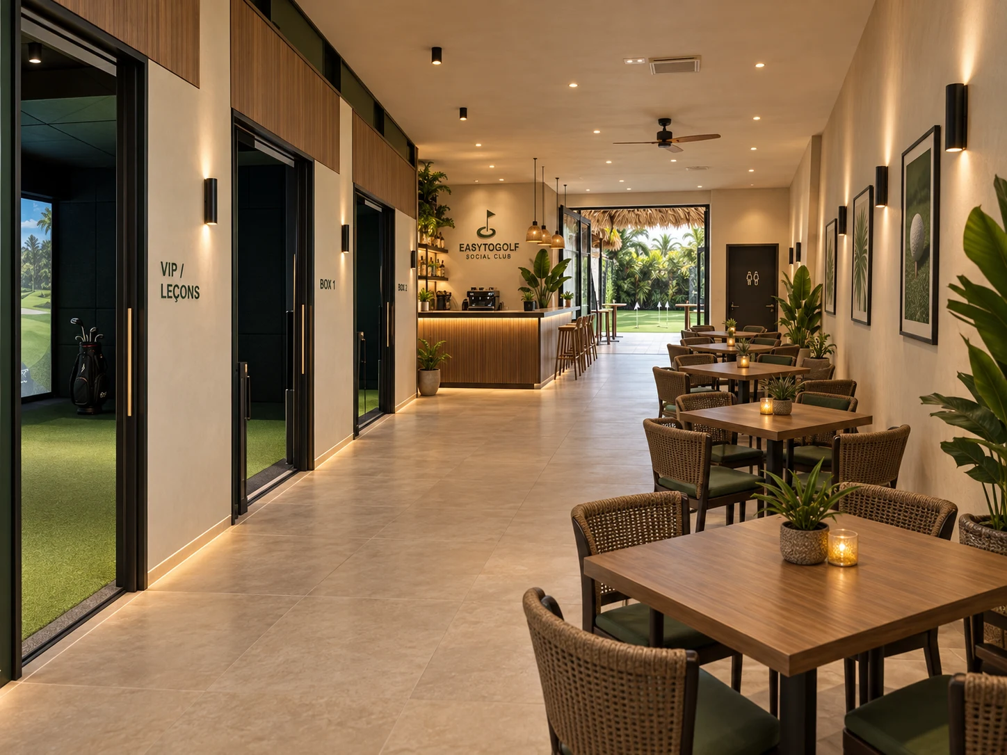 Projection de l’intérieur EasyToGolf, avec simulateurs, restaurant et accès au green